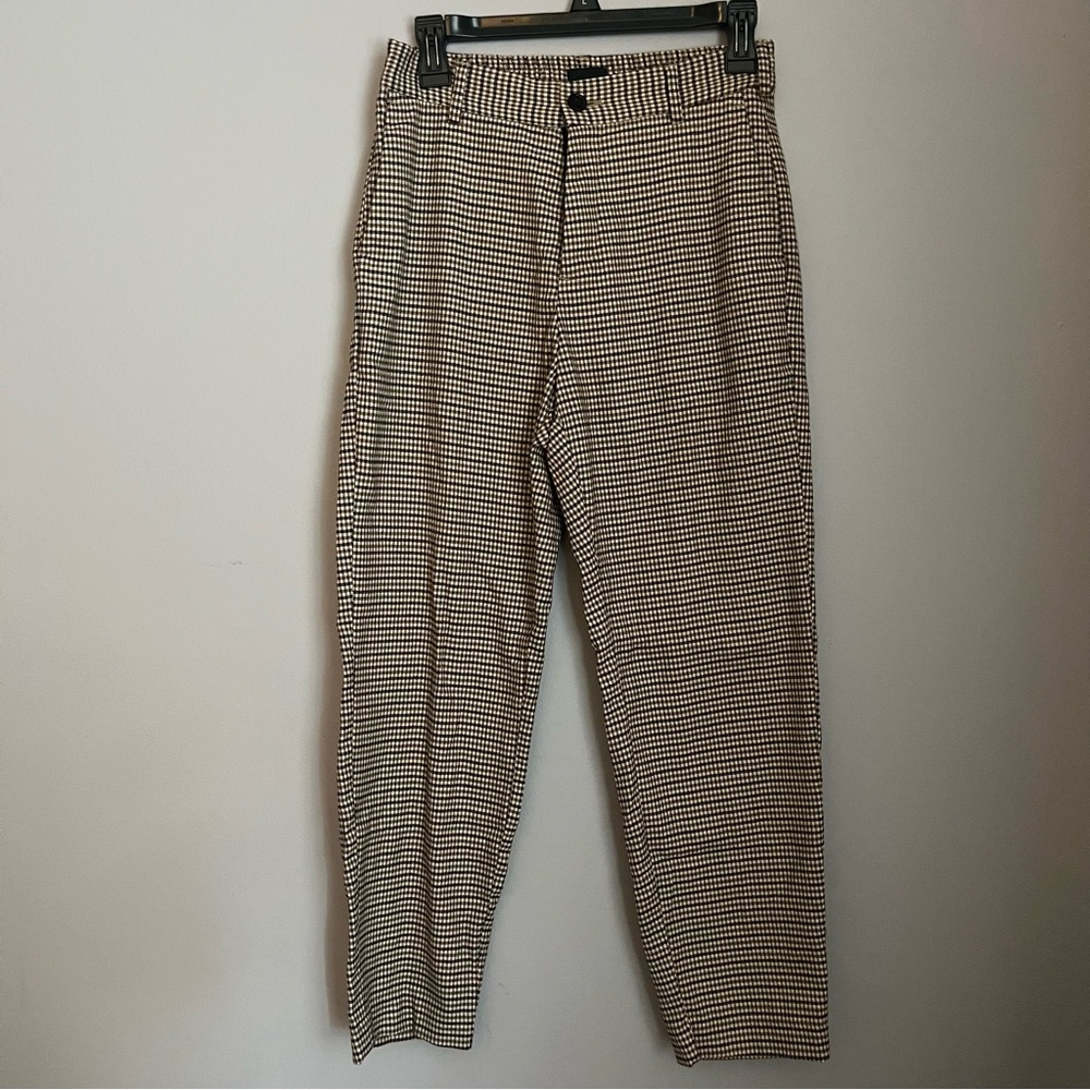 HM women's Houndstooth Patterned Pants Brown Multi Slim Fit Elastic Back Sz XS